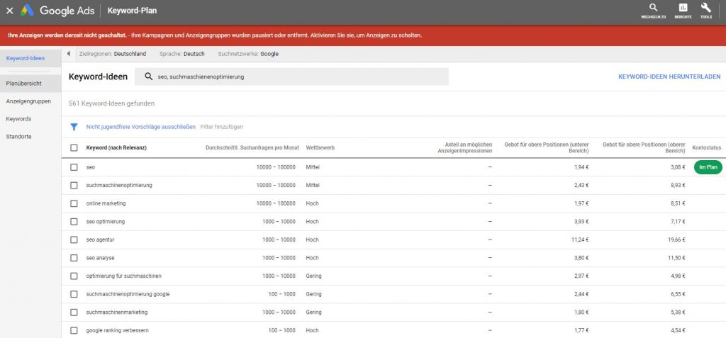 Keyword Recherche erste Ergebnisse